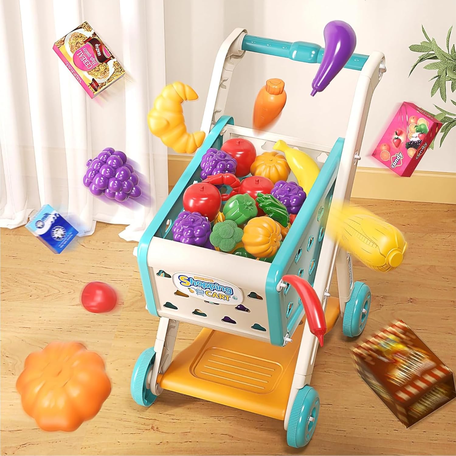 Kids Shopping Cart Trolley Play Set with Pretend Food and Accessories,