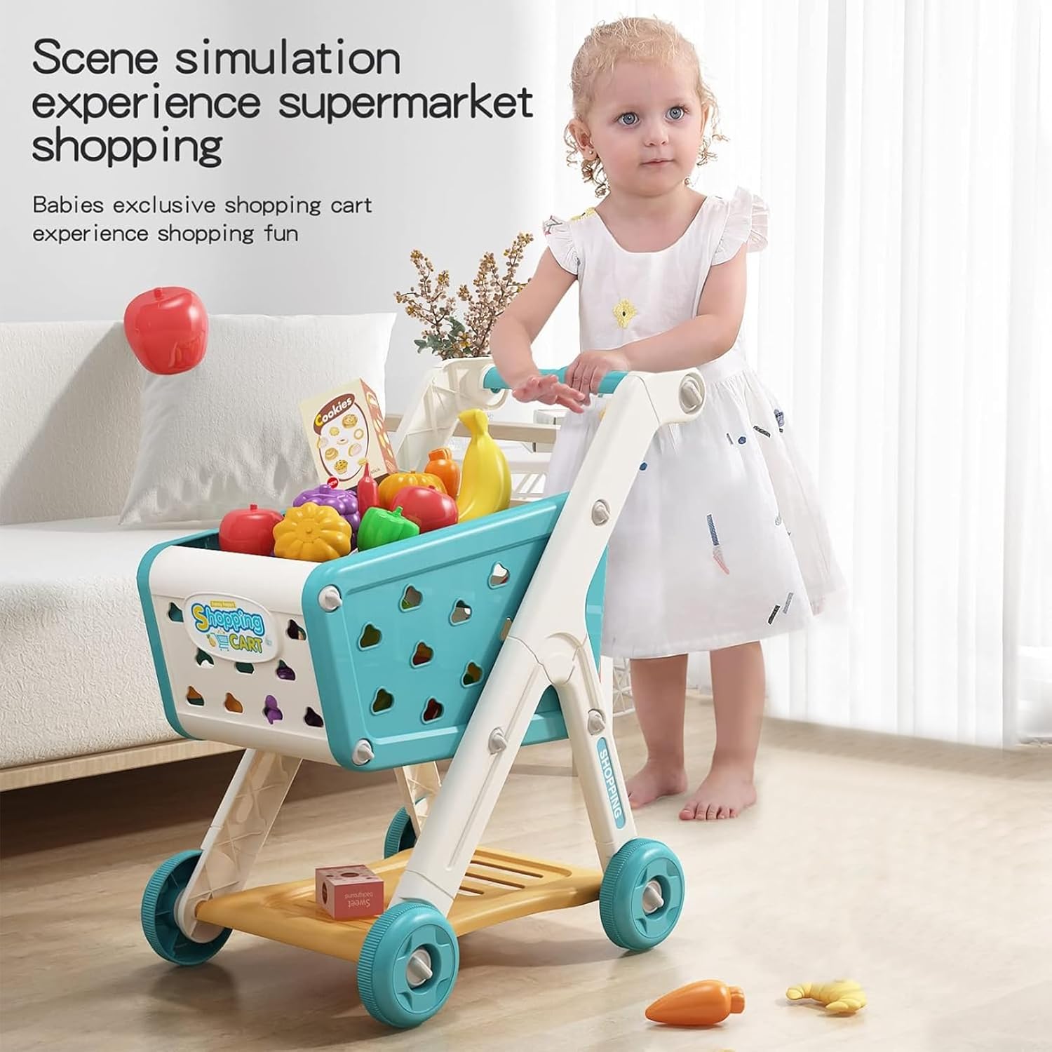 Kids Shopping Cart Trolley Play Set with Pretend Food and Accessories,