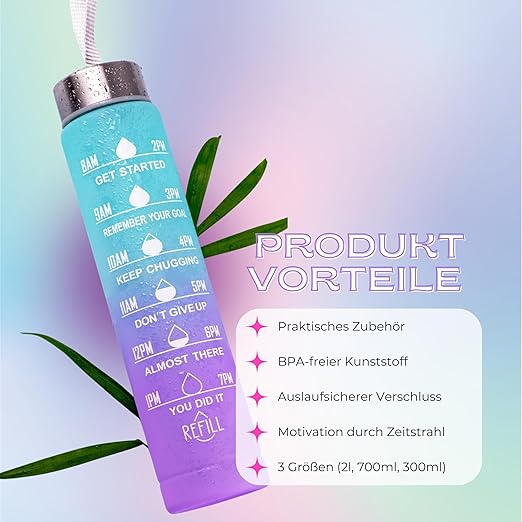 3 x Drinking Bottle 2 L + 900 ml + 500 ml with Straw Water Bottle