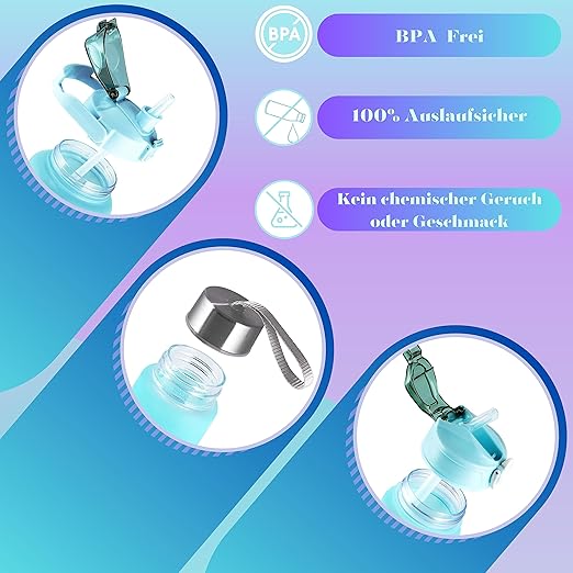 3 x Drinking Bottle 2 L + 900 ml + 500 ml with Straw Water Bottle